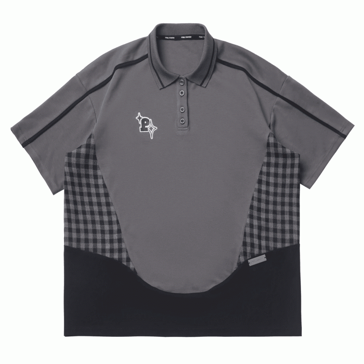 グレーのチェック柄パッチワークデザインポロカラーのゆったりカジュアルTシャツ