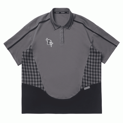 グレーのチェック柄パッチワークデザインポロカラーのゆったりカジュアルTシャツ