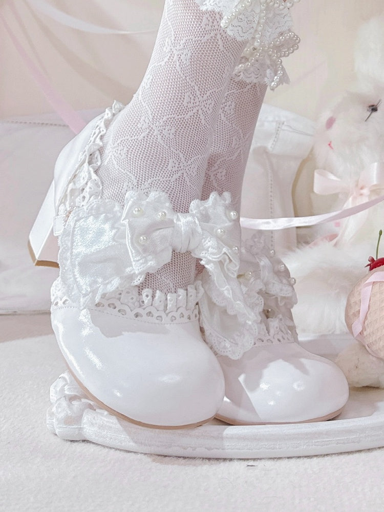 in Bow Sweet with Lace-Trimmed Mid Strap White Beaded Clasp Lolita Heart Heels