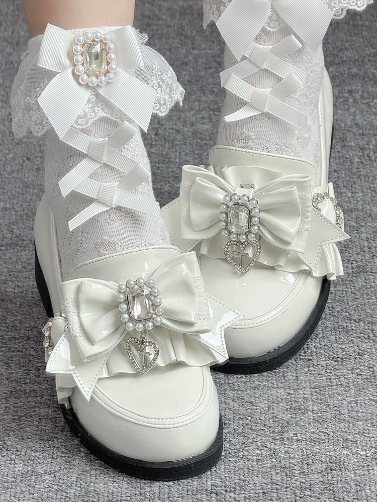 Leather Heels Rhinestone Bead PU Kei with Low Bow Jirai Polished White
