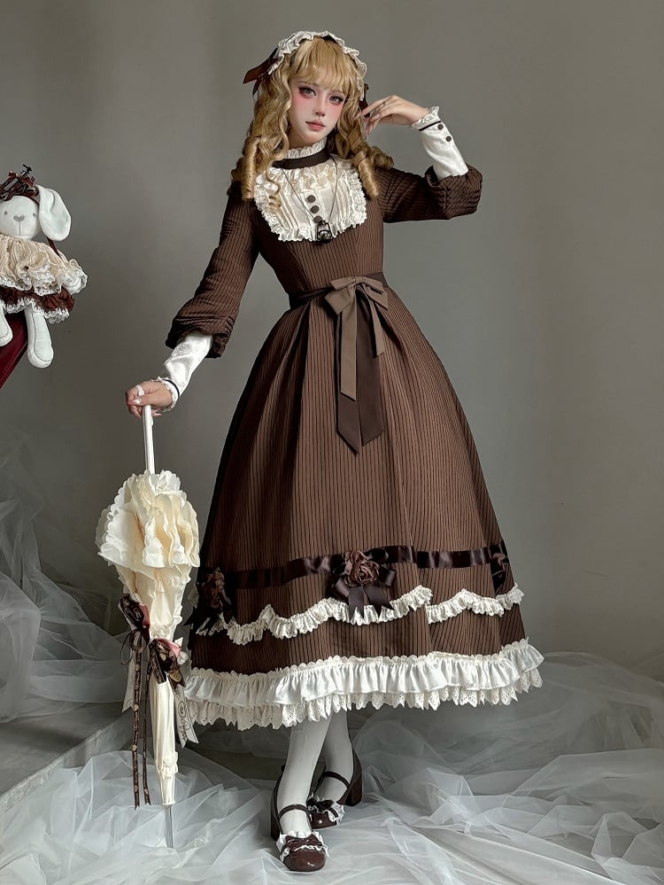 Brown Ruffle Neckline Lolita Dress with Waist Belt - MUYU