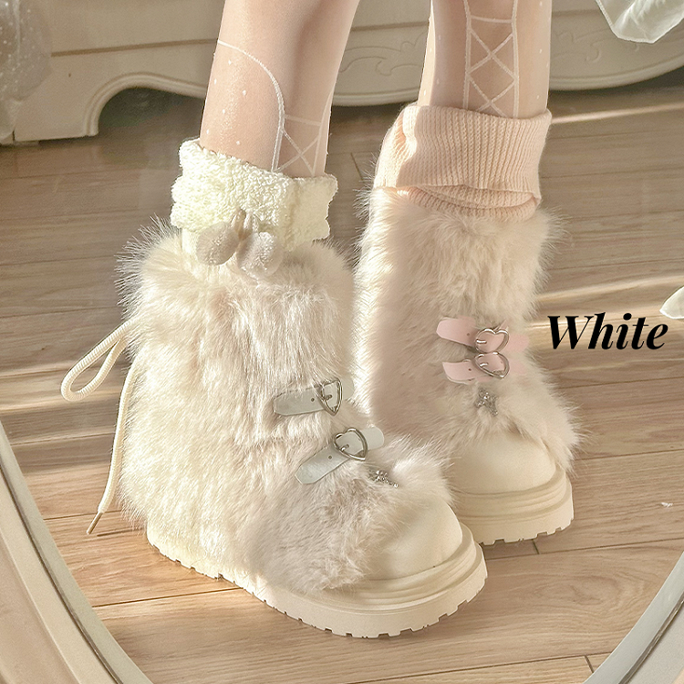 Black Heart-shaped Buckle Bow Shaggy Boots