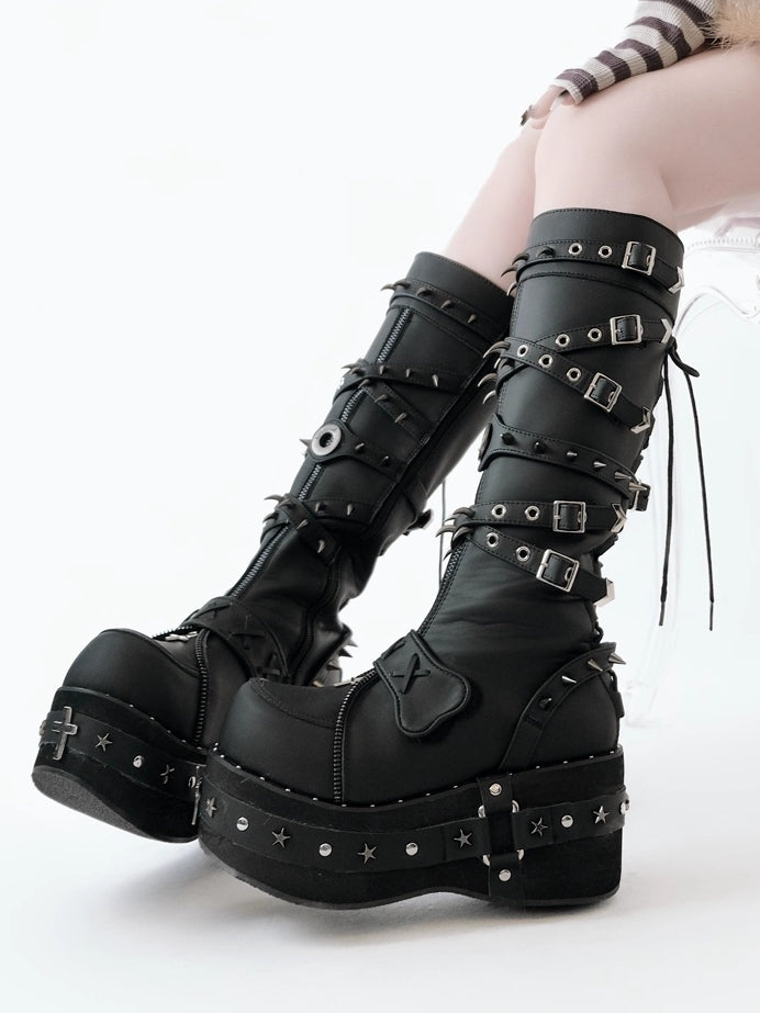 Sole Studded Knee-High with Platform Details Decor - Black Boots Punk Cross