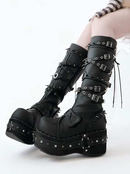 Sole Studded Knee-High with Platform Details Decor - Black Boots Punk Cross