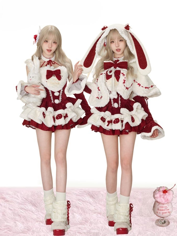 Winter Christmas Bunny-Eared Hooded Red Bow Accents Cape White Cozy with
