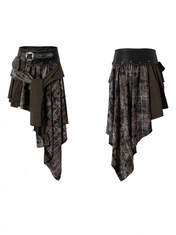 Asymmetrical Rock Front Ties with Vintage PU Hemline Knotted Punk Black Waistband Triangular Skirt Plaid
