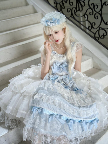 Schleifen und Rock Dekoration Kleid Vollstufiges Set Hanayome Blau Weiß Lolita JSK Hime
