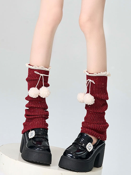 Red Y2K Lace Trim Shimmering Leg Warmers With Pompons