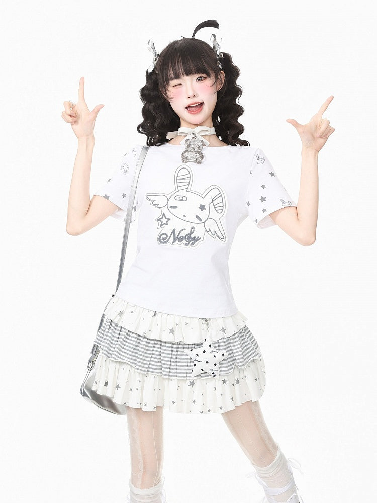 White Star Print Tee with Cute Bunny Applique