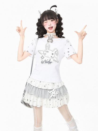 White Star Print Tee with Cute Bunny Applique