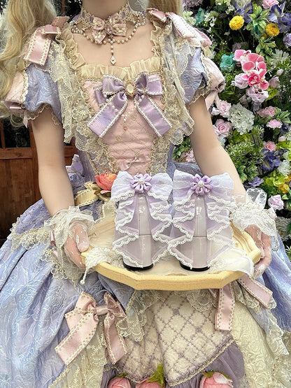 Purple Sweet Lolita Shoes with Cherry Flower Theme and Back Bow - XIN MENG