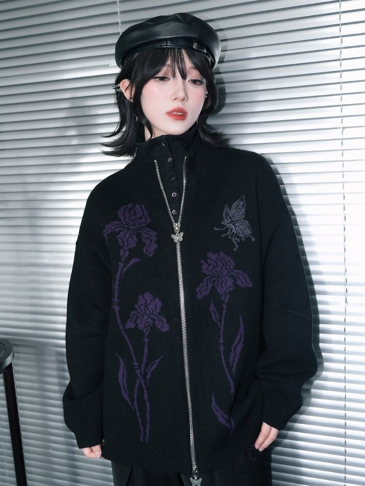 Iris Pattern Gothic Black Double Zipper Sweater Jacket - Quirky Hut