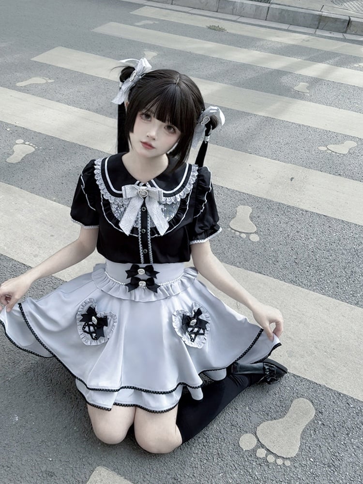 Pockets Light Jirai Skirt with Blue Kei High-Waisted Heart-Shaped Tiered