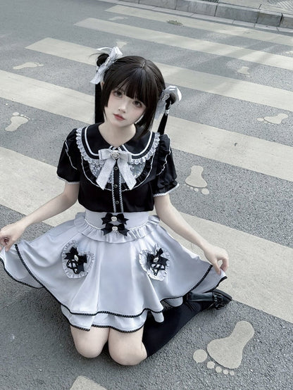 Pockets Light Jirai Skirt with Blue Kei High-Waisted Heart-Shaped Tiered