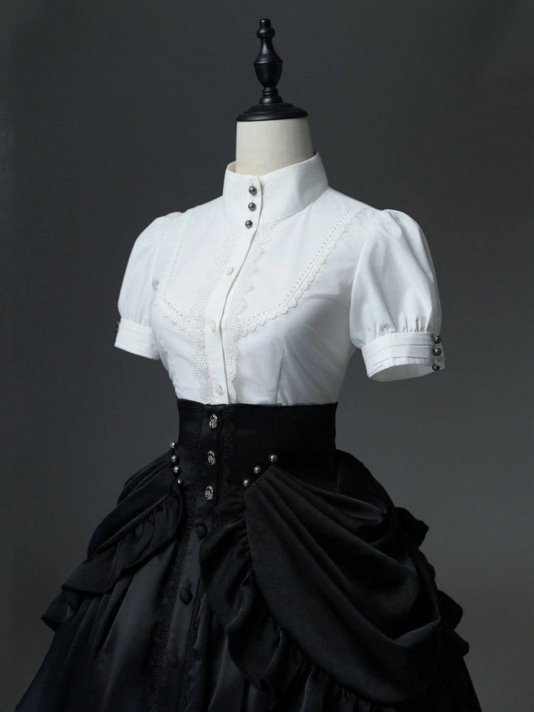 Shirt Sleeves High Pin Neck Jabot and Bow White with Detachable Short