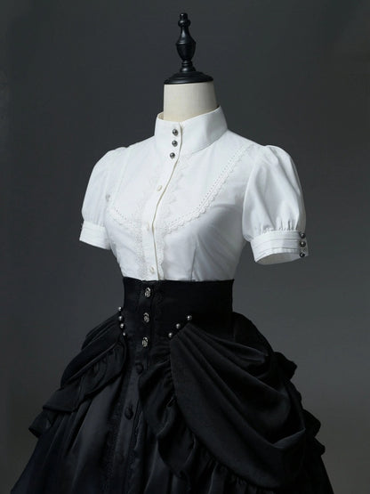 Shirt Sleeves High Pin Neck Jabot and Bow White with Detachable Short
