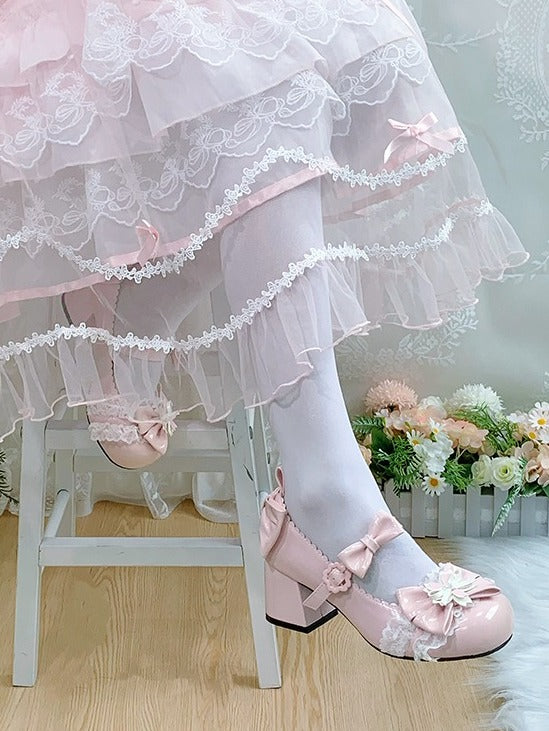 Sweet Lolita Pink Cherry Blossom Theme Lace & Bow Round Toe Shoes - 5.5CM Mid Heel - Hazelnut Bear