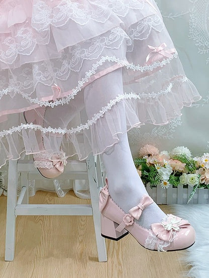 Sweet Lolita Pink Cherry Blossom Theme Lace & Bow Round Toe Shoes - 5.5CM Mid Heel - Hazelnut Bear