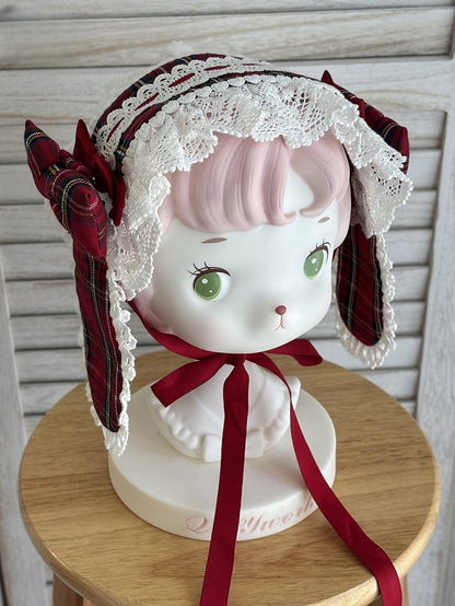 Lolita Bow with Hairband Accents Bunny Ears Lace Plaid and Red/Green