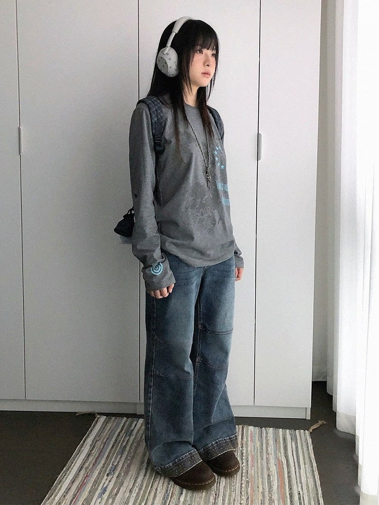 Y2K Gray Crew-Neck Long-Sleeved Loose Tee with Distressed Graphic - innomoood