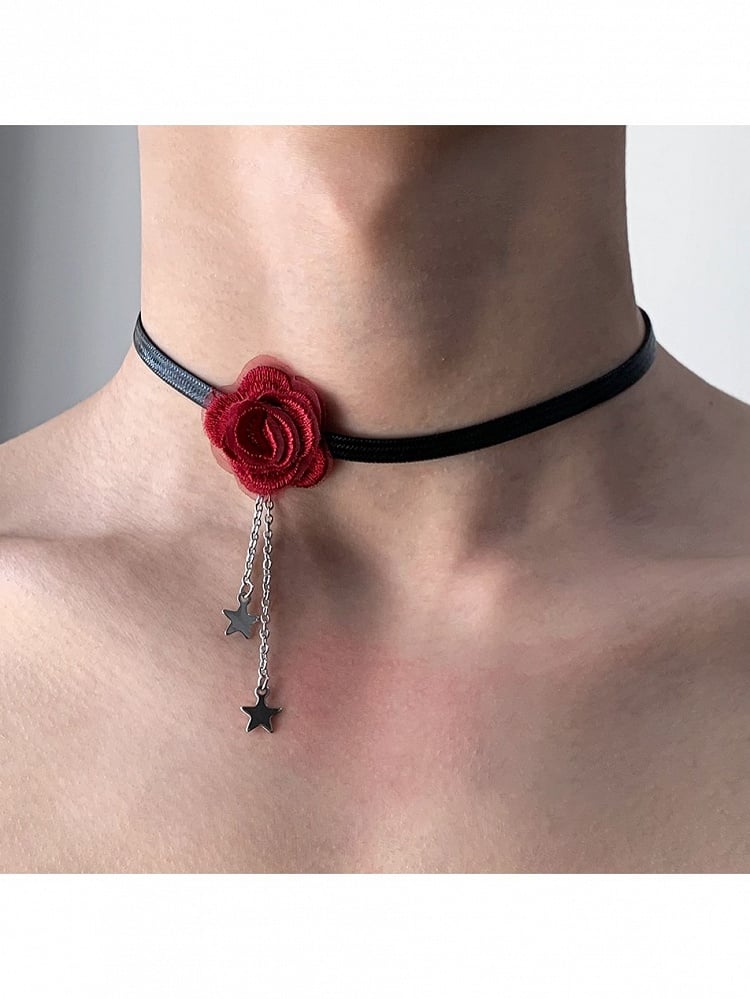 Black Red Choker with Rose and Star Decor - YSHXS