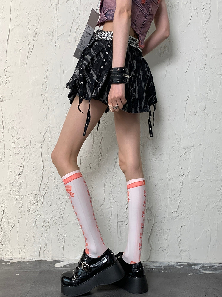 Stockings WhiteOrange Banded Bunny Y2K Underknee Print Crisscorss And Bowknot