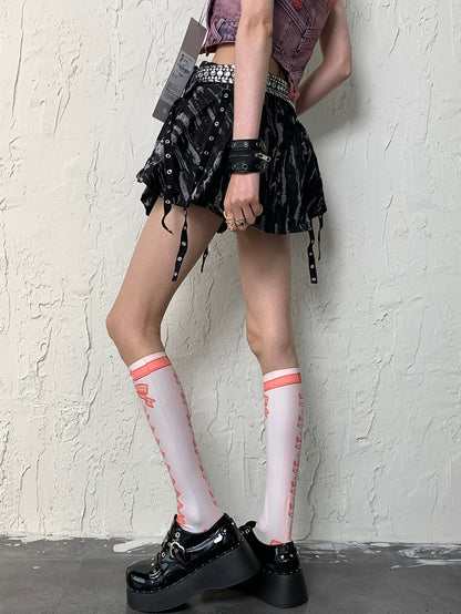 Stockings WhiteOrange Banded Bunny Y2K Underknee Print Crisscorss And Bowknot