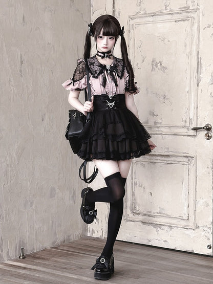 Jirai Kei Black & Pink Lace Cutout Shoulder Short Sleeve Ruffle Blouse - Ekomi