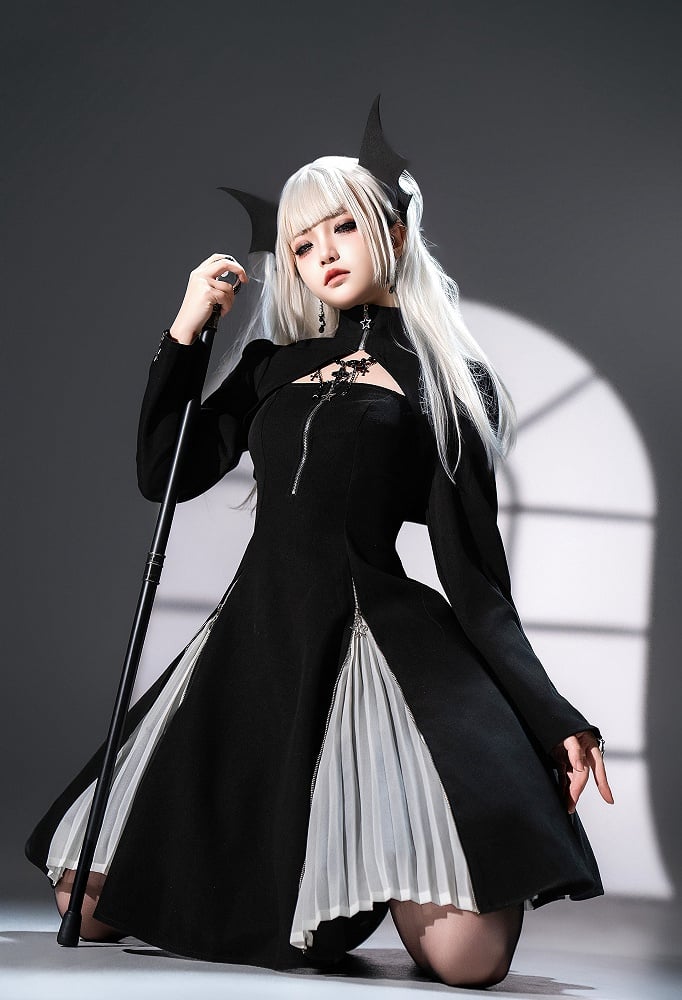 + JSK Sleeves Top Slim Black Cropped Long Lolita Dress Fit Gothic Waist