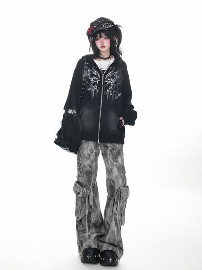Black Vintage Punk Bunny Ear Hoodie with Zipper Closure