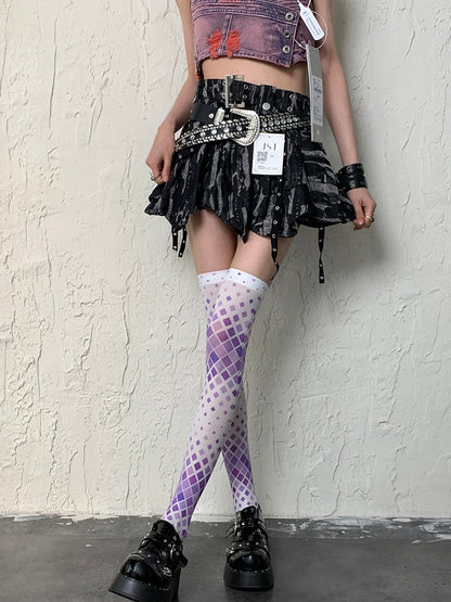 Overknee Strümpfe WeißLila Y2K Muster Raute