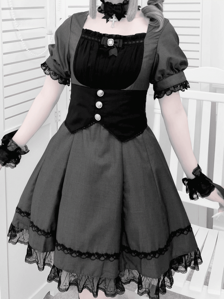 Korsett-Gürtel-Design-Puff-Set – Besatzärmel Kei und Kleid Grau Vollschwarze Spitze Jirai