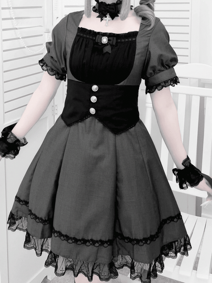Korsett-Gürtel-Design-Puff-Set – Besatzärmel Kei und Kleid Grau Vollschwarze Spitze Jirai