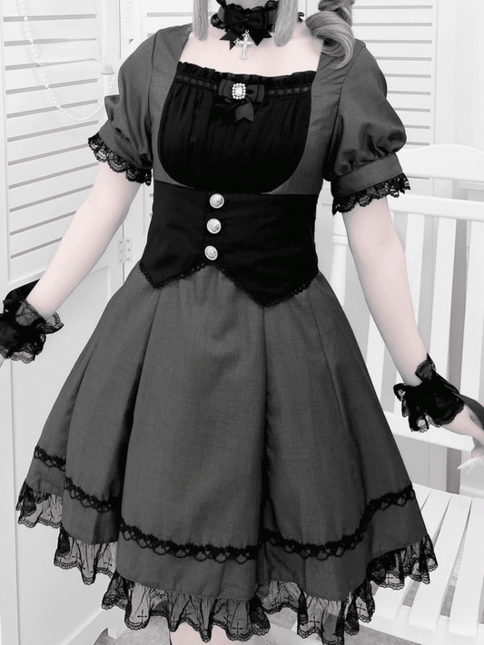 Corset Belt Design Puff Set- Trim Sleeves Kei and Dress Gray Full Black Lace Jirai