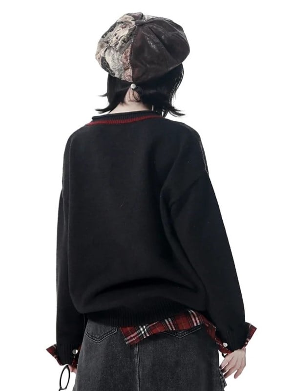 Y2K Black Sweater Print Plaid Distressed Red with Cross Cuffs