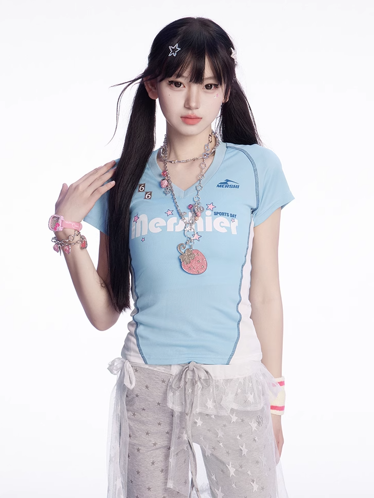 Vネック スリムフィットTシャツ ブルー＆ホワイト カラーブロックデザイン