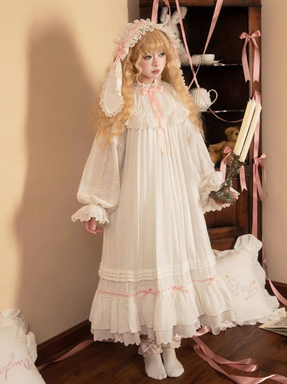 White & Pink Lace Lolita Dress with Bow - Tan Tuan