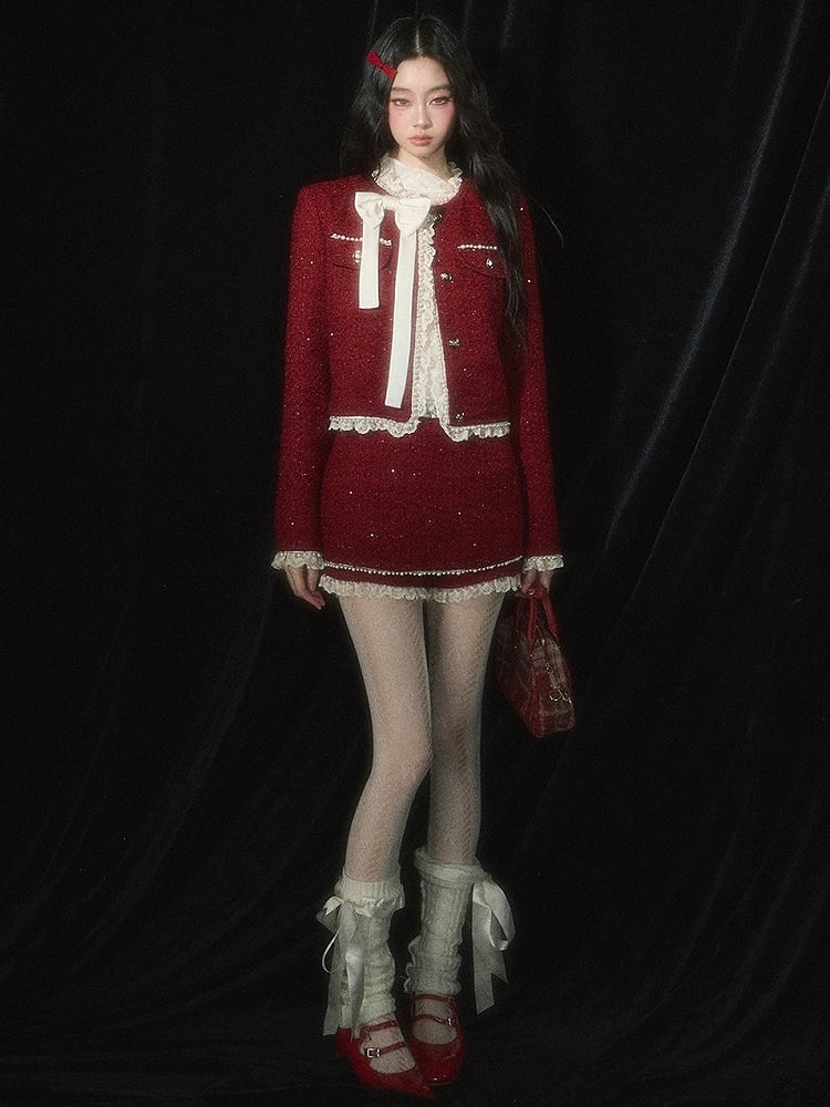 Weihnachtsrote Tweed-Kurzjacke mit Spitzenbesatz, Schleife und Perlendetails