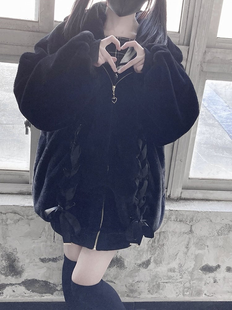 Style Lace-Up Plush Kei Hood Coat Coat: Front Bow Jirai Black with Full-Zip Bunny-Ear