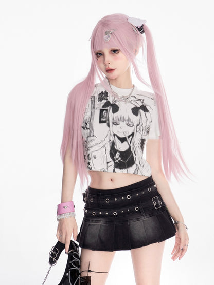 ストラップミニプリーツデニムスカートウエストスタッズバックルブラックロー