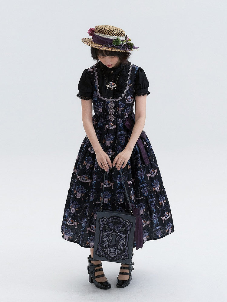 Black-Purple Pansy Print Classic Lolita JSK with Lace Trim