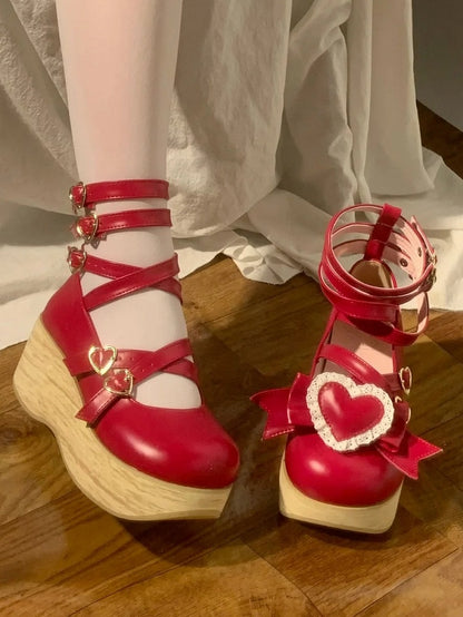 - Bow Red Sole Round Pattern Janes Toe Detachable 6.5cm Shoes Heart with Mary Platform Wood