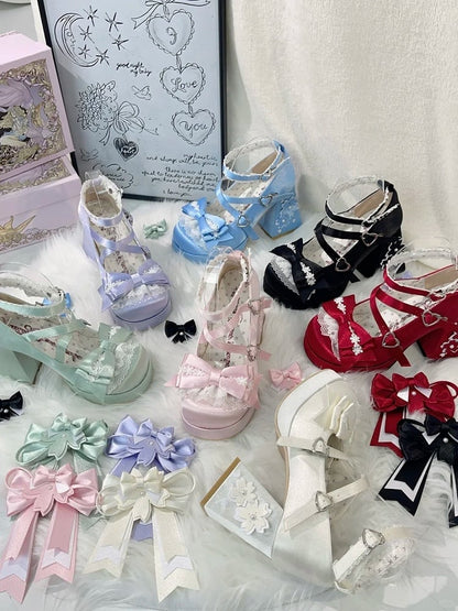 Jane Block Motif in Fastener Heart with Blossom Heel Green Bow Satin High Sweet Accents Shoes Cherry Mary Loltia