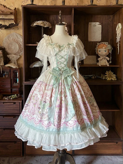 Floral Square Dress Lolita Elegant Moth Green and with Details Neckline Lace Pink Print