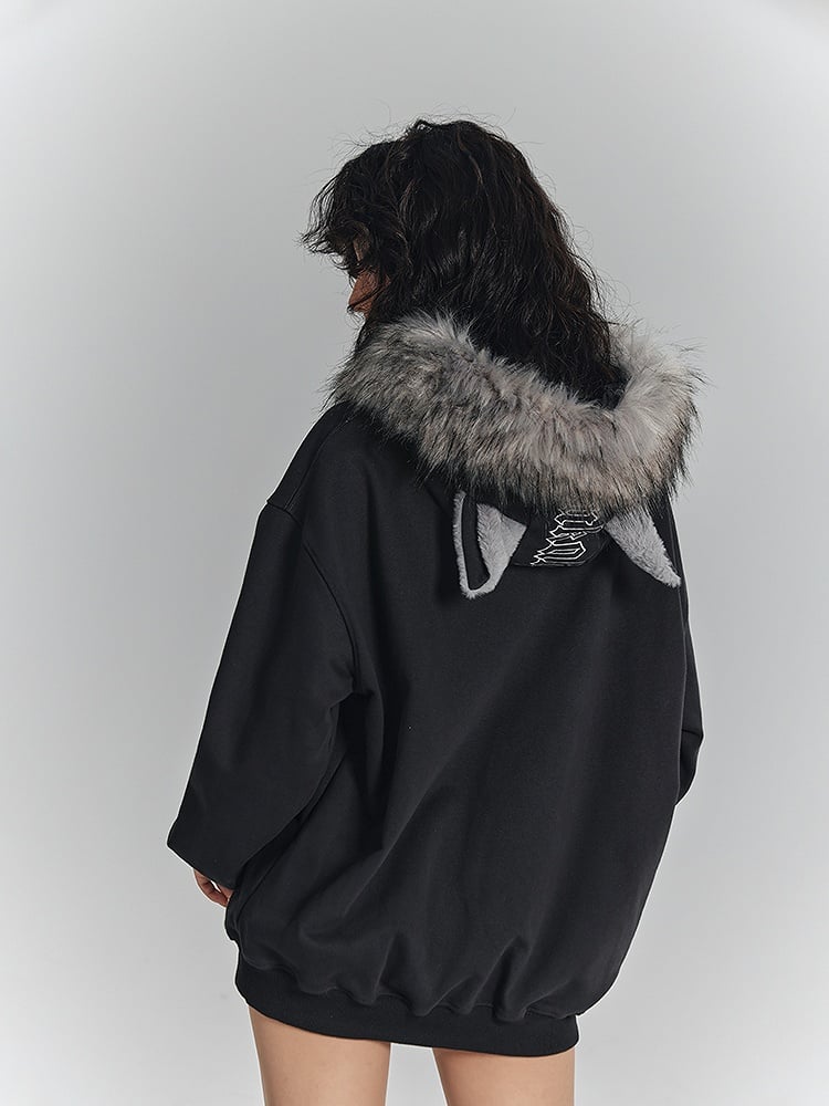 Fur Faux Trim Hoodie Cat with Ear Gray Spiderweb Punk Dark Print