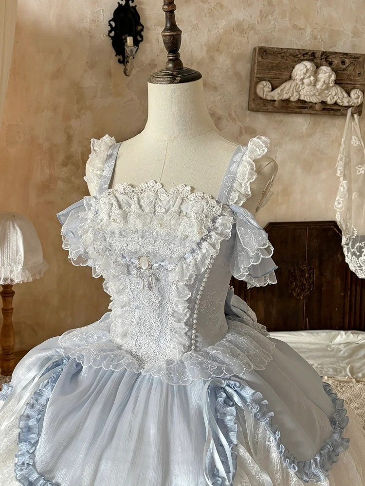 Blue White Layered Drawstring Princess JSK Bow Train Dress - Iris fleur