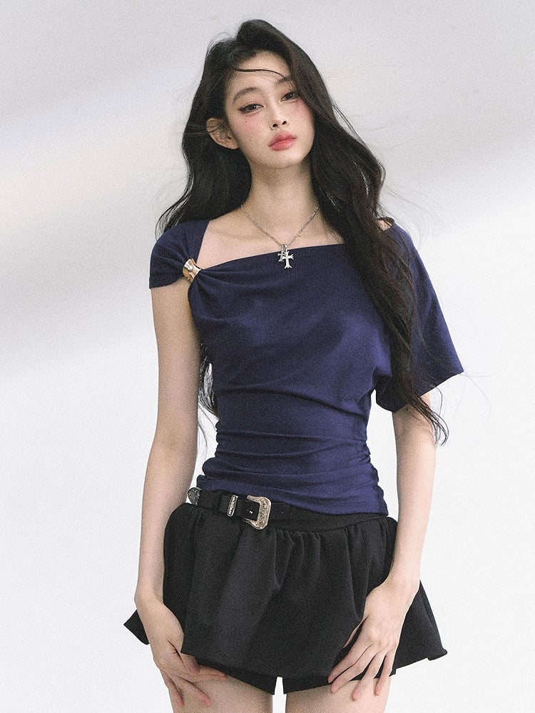 Blue/Pink Asymmetrical Neckline Slim-fitting T-shirt Navy