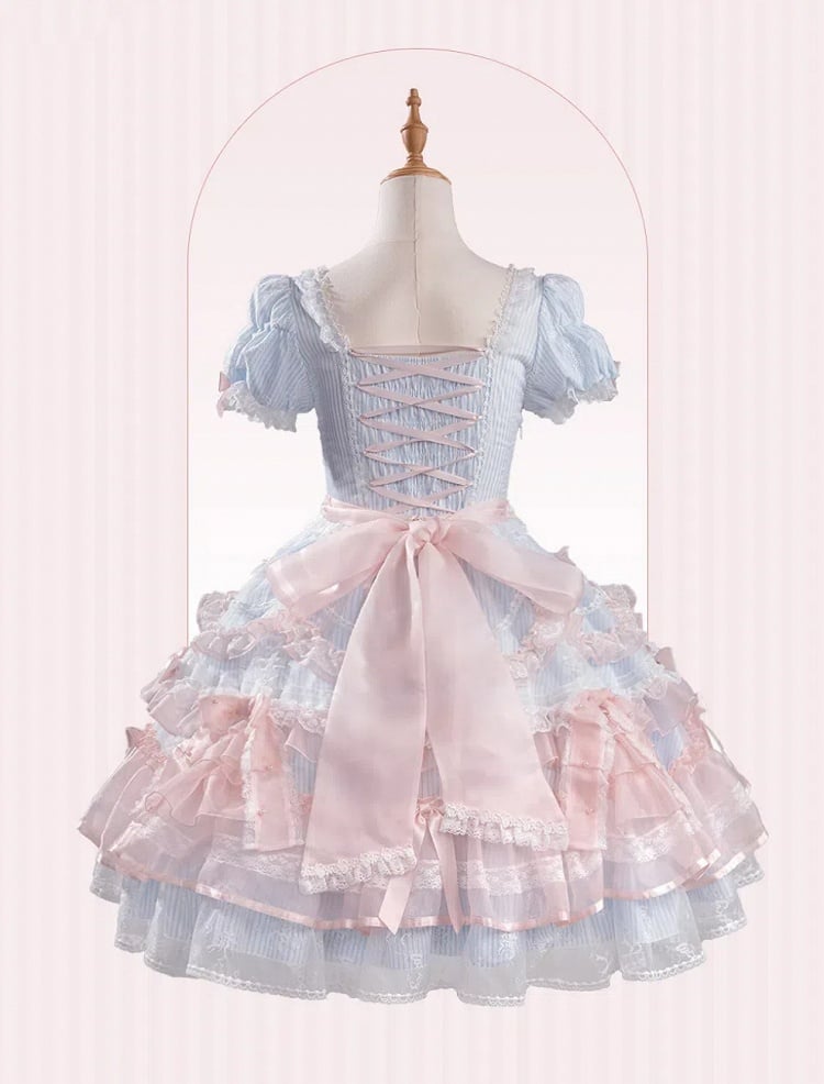 Short Sweet Lolita Princess and Details Bows Pink Blue Striped Dress Bead Sleeves