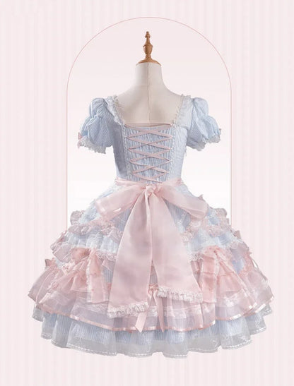 Short Sweet Lolita Princess and Details Bows Pink Blue Striped Dress Bead Sleeves