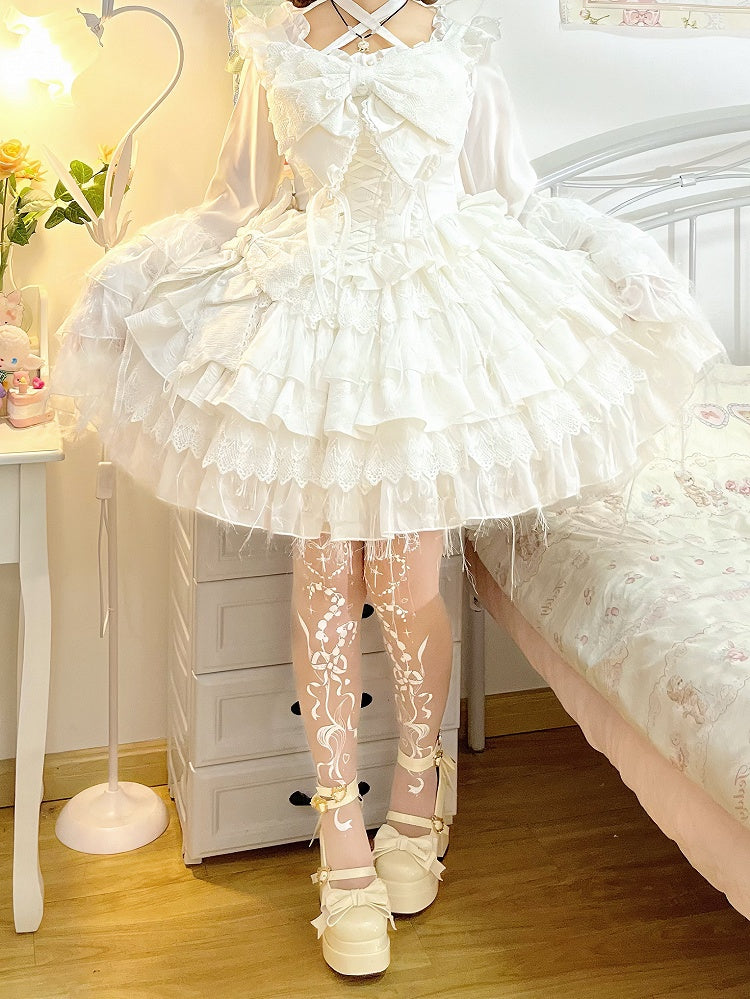 Strumpfhose Gothic Maiglöckchen und Kreuzdruck Shiro Lolita